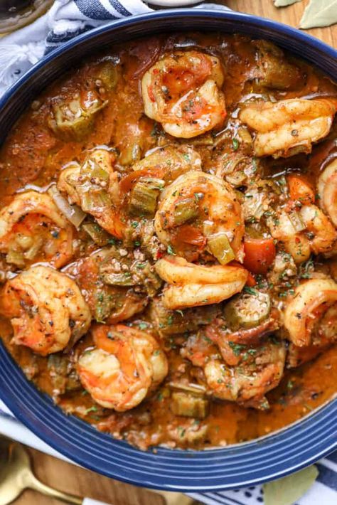 Smothered Okra With Shrimp - Savory Thoughts Smothered Okra, Smoked Seafood, Seafood Dish Recipes, Okra Recipes, Cajun Dishes, Shrimp And Vegetables, Southern Recipes Soul Food, Shrimp Recipes For Dinner, Cajun Cooking