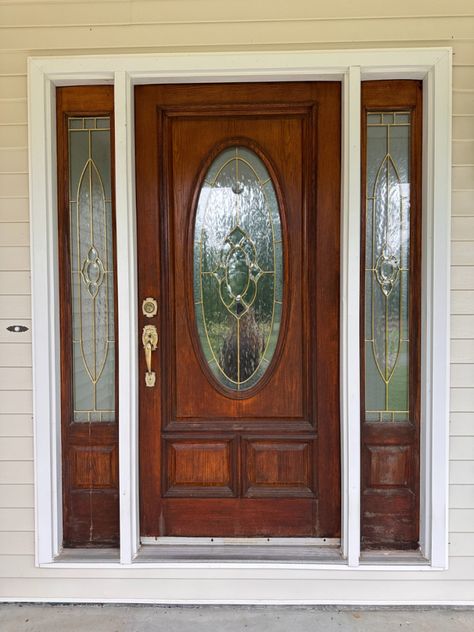 how to update your home with a new front door Refurbished Front Door Ideas, Front Door Ideas For Ranch Style Home, Updating Oval Glass Front Door, How To Update Oval Glass Front Door, Update Front Door, Sticky Tile, Front Door Inside, Diy Home Makeover, Mahogany Front Door