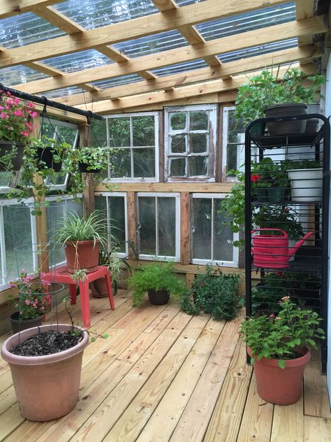 Porch Into Greenhouse, Greenhouse On Porch, Porch To Greenhouse Conversion, Enclosed Porch Greenhouse, Greenhouse Mudroom, Garage Greenhouse Conversion, Back Porch Greenhouse, Screened In Porch Greenhouse, Cabin With Greenhouse