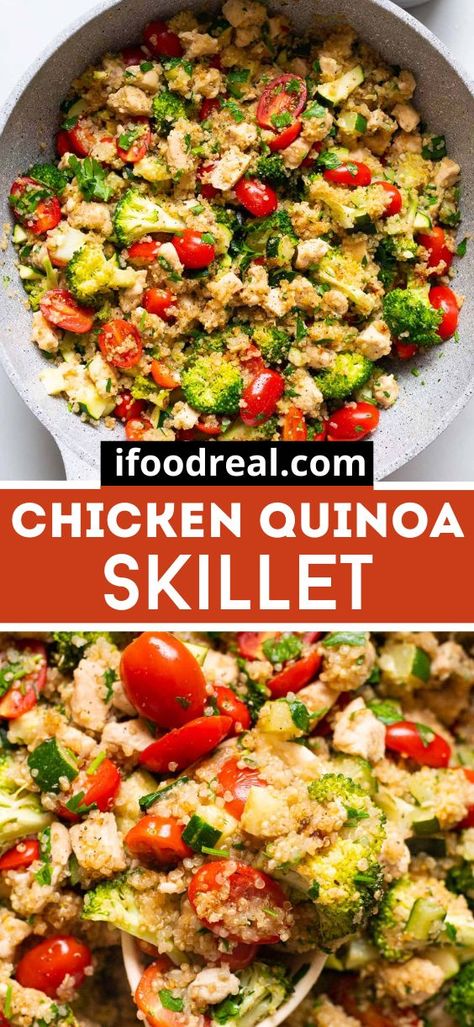 This Chicken Quinoa Skillet combines tender chicken, fresh garden vegetables and nutrient-dense quinoa for a quick 30 minute meal. Quinoa With Meat Recipes, Healthy Quinoa Casserole Recipes, Healthy Chicken Quinoa Recipes, What To Eat With Quinoa, Turkey Quinoa Skillet, Quinoa Main Dish Recipes, Vegetable Dense Meals, Chicken With Quinoa Recipes, Cheap Nutrient Dense Meals