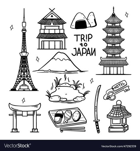 Japan Travel Scrapbook, Japan Doodle Art, Japan Scrapbook Ideas, Japan Drawing Easy, Japan Aesthetic Drawing, Japan Doodle, Japanese Style Drawing, Japanese Doodles, Tokyo Drawing