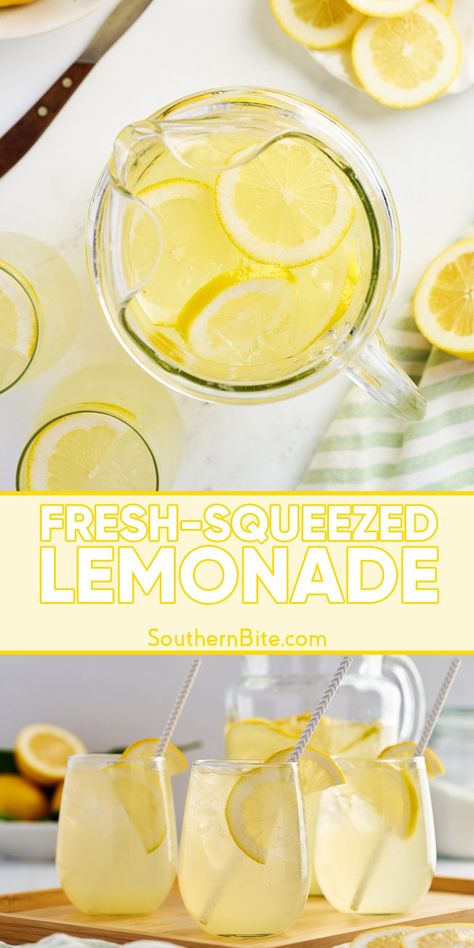 There's no better way to quench a summer thirst than with a tall, cold glass of Fresh-Squeezed Lemonade! This simple recipe only calls for 3 ingredients and makes it super easy! Simple Lemon Recipes, Lemon Meals, Gallon Lemonade Recipe, Meyer Lemonade Recipe, Fresh Squeezed Lemonade Recipe, Lemonade Recipe Homemade, Best Lemonade Recipe, Fresh Lemonade Recipe, Party Lemonade