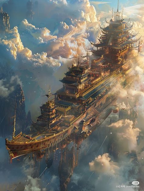 Flying City Concept Art, Magical City Art, High Fantasy Concept Art, Sci Fi Inspiration, Magicpunk Aesthetic, Floating City Concept Art, Floating City Fantasy Art, Fantasy Architecture Concept Art, Fantasy World Concept Art