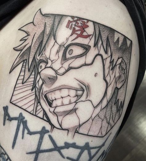 Black And Gray Anime Tattoo, Anime Tattoos Black And White, Comic Style Tattoo, Anime Panel Tattoo, Gaara Tattoo, Naruto Tattoos, Tattoo Chart, Mangas Tattoo, Tattoo Anime