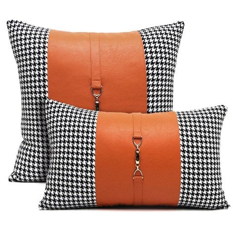 Black White Orange Houndstooth Patchwork Cushion Cover - Equestrian Co - The Opal Interior Company Houndstooth Pillows, Leather Goodies, Sewing Cushions, Modern Cushions, Orange Home Decor, Crochet Pillow Pattern, Patchwork Cushion, White Throw Pillows, African Decor