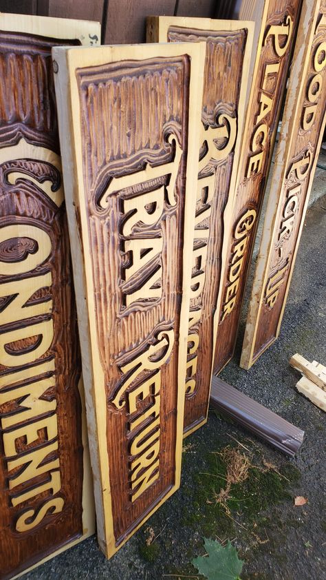 Routed Wood Signs, Wooden Business Signs, Cnc Machine Projects, Wooden Carved Signs, Custom Motorcycle Paint Jobs, Cnc Woodworking, Homemade Signs, Storefront Signs, Wall Signage