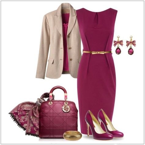 CHATA’S DAILY TIP: Fuchsia is a wonderful colour for cold winter days. Pair with gold accessories; gold works best with warm colours, silver works best with cool colours. The neutral jacket brings a welcome contrast to the outfit. The scarf picks up all the colours and can be worn around your neck or tied to your handbag for some pizazz. COPY CREDIT: Chata Romano Image Consultant, Dotti von Ulmenstein http://chataromano.com/consultant/dotti-von-ulmenstein/ IMAGE CREDIT: Pinterest Fashionable Work Outfit, Stitch Fix Outfits, Professional Attire, Lv Handbags, Celine Bag, Complete Outfits, Woman Fashion, Professional Outfits, Gucci Bags