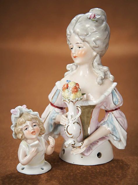 The Vanity Fair - Strong Museum Half Dolls: 106 Two German Porcelain Half Dolls "Lady with Vase of Flowers & Child with Letter" Tassel Dolls, Dolls Porcelain, Porcelain Dolls Value, Doll Museum, Antique Porcelain Dolls, Powder Puffs, Painting Fashion, Half Dolls, Pin Doll