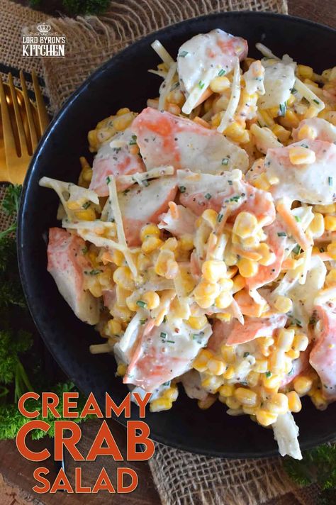 This is an imitation crab salad like no other. Loaded with flavour, and some unexpected ingredients, Creamy Crab Salad tastes like first class on a stand-by budget! It's creamy, it's cheesy, and the chives add such a bold and fresh oniony flavour. This ain't your average crab salad! #crabsalad #imitationcrab #crab #sidesalad #seafood #seafoodsalad Sides To Go With Crab Legs Dinners, Imitatation Crab Recipe Ideas, Imation Crab Recipes, Roast Shrimp, Shrimp Salads, Witchy Ideas, Seafood Salads, Crab Pasta Salad, Pan Roast