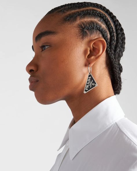 Black Prada Symbole pendant left earring | Prada Prada Earrings, Unisex Earrings, Metal Cuff Bracelet, Beauty Brushes, Mens Travel, Jeweled Earrings, Pendant Earring, Favorite Handbags, Metal Hair Clips