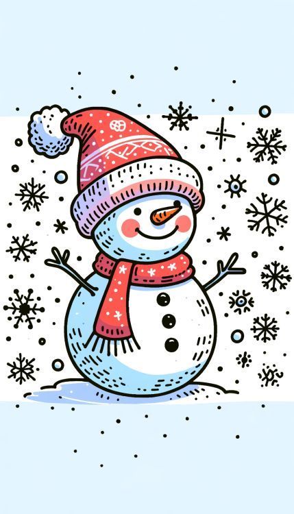 This image features a festive snowman in the midst of gently falling snowflakes. The snowman is smiling, sporting a patterned red and white hat and a matching red scarf. With a carrot nose and coal-like eyes and mouth, it stands with its stick arms open wide, embodying the joy of a snowy day against a backdrop peppered with various snowflakes. Cartoon Snowman Cute, Simple Snowman Drawing, Snowmen Drawings For Kids, Snowmen Illustration, Cute Snowman Drawing, Snowman Drawings, Cute Snowmen Drawings, Snow Cartoon, Winter Doodles