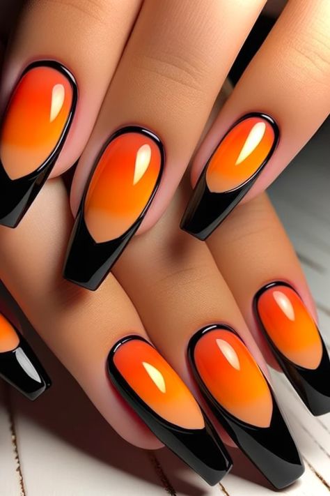 43 Chrome Nails To Indulge In The Shimmer Orange Black Ombre Nails, Glamrdip Colours, Black Nails With Orange Tips, Black And Orange French Tip Nails, Orange Black Nails, Orange And Black Nails, Black And Orange Nails, Xoxo Nails, Trippy Nails