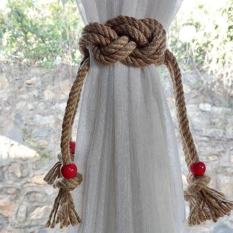 Rope Curtain Tie Back, Rope Curtain, Marine Rope, Curtain Holdbacks, Nautical Bathrooms, Curtains Holdbacks, Red Curtains, Curtain Ties, Jute Rope