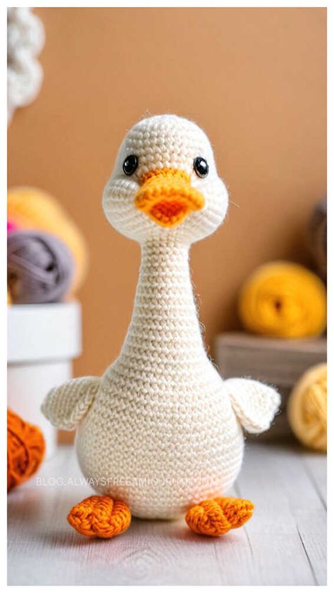 Amigurumi Goose Rattle Free Crochet Pattern Goose Amigurumi Free Crochet, Crochet Duck Pattern Free, Goose Crochet, Crochet Goose, Stuffed Crochet, Crochet Stuffies, Quick Crochet Projects, Crochet Animal Amigurumi, Crochet Storage