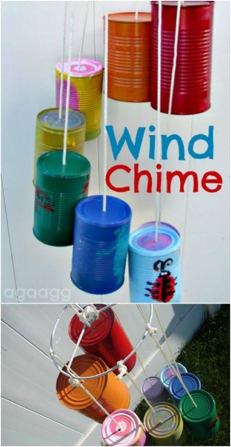 Upcycled Tin Can Wind Chime Wind Chimes Kids, Carillons Diy, Wind Chimes Craft, Tin Can Crafts, Diy Wind Chimes, Outdoor Crafts, Crafts For Boys, Recycled Projects, Craft Paint