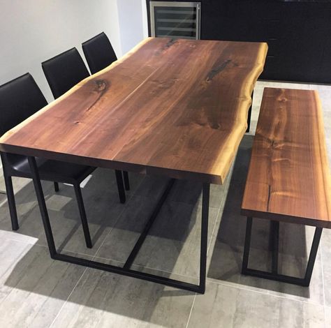 Wood Table And Bench, Bench And Table, Walnut Bench, Steel Table Legs, Table Bench, Kitchen Dinning, Live Edge Table, Table Legs, Rustic Dining Table