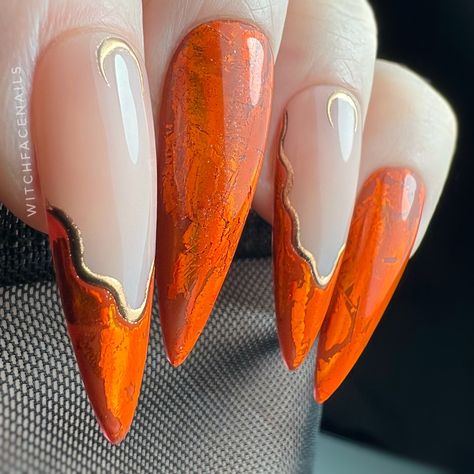 Burnt Orange Nails With Chrome, Phoenix Nails, Orange Pearl Nails, Orange Chrome Nails Halloween, Metallic Orange Nails, Burnt Orange And Gold Nails, Orange And Bronze Nails, Orange And Gold Nail Designs, Orange Gold Nails