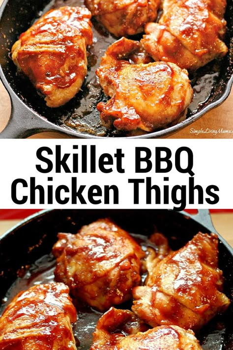 Skillet BBQ chicken thighs on the stovetop is the most delicious and easy recipe for bbq chicken thighs that you will find! It's frugal, too! Bbq Chicken On Stove Top, Bbq Chicken In Cast Iron Skillet, Stove Top Barbecue Chicken, Bbq Chicken Stovetop Easy, Bbq Chicken Stovetop, Stovetop Bbq Chicken, Stove Top Bbq Chicken, Chicken Recipes Stove Top, Skillet Bbq Chicken