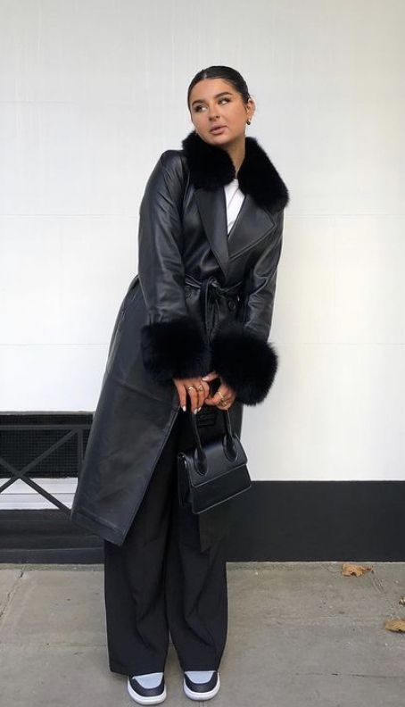 Leather Fur Coat Outfit, Fur Collar Coat Outfit, Fuzzy Trench Coat Outfit, Fur Collar Outfit, Chic Long Black Fur Coat, Oversized Black Winter Fur Coat, Luxury Black Elegant Fur Coat, Elegant Black Leather Fur Coat, Leather Coat With Fur