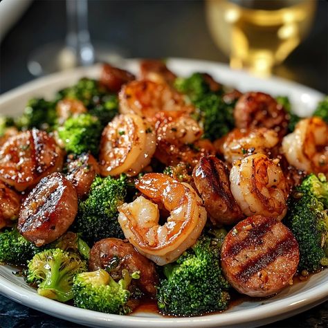 Honey Garlic Shrimp, Sausage, and Broccoli Honey Shrimp Sausage And Broccoli, Prawn And Broccoli Recipes, Kielbasa And Shrimp, Shrimp Broccoli Sausage, Shrimp Sausage And Broccoli, Shrimp And Sausage Stir Fry, Honey Garlic Shrimp And Sausage, Honey Garlic Sausage Recipes For Dinner, Sausage Shrimp Broccoli Recipes