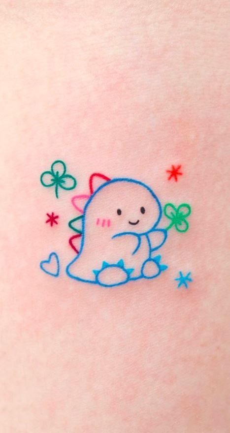 Dino Friend Tattoo, Tatoos Dinosaur Cute, Small Dino Tattoos Cute, Dinosaur Friend Tattoo, Minimalistic Tatoos Ideas, Cute Simple Dinosaur Tattoo, Cute Coloured Tattoos, Colourful Small Tattoos, Cute Trex Tattoo Ideas