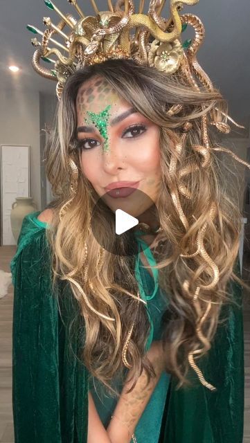 Lina Noory on Instagram: "GRWM: Turning Into Medusa 🐍 #costume #halloween 

Here’s one of my favorite Halloween looks from last year!  Now what should I do this year!? I’m thinking a vampire 💫

Memo: I’m alternating curls here, starting with curling away from my face (closest to my face), and then towards ✨

Today’s Affirmation:
“I am worthy of celebrating myself”✨ 

TAG someone who would love this & don’t forget to save the video to refer back to when styling • #outfitideas #fashion #styletips #outfitideas #grwm #halloweencostume #styling #todaysoutfit #todayslook #fallfashion #happyhalloween #medusa #costumes 

Outfit Breakdown:
dress, cape, snakes, spray paint, Halloween makeup etc — @amazonfashion 
crown — @etsy “StoneyCreekBoutiques” under medusa crown snake — there’s a ton of uniqu Medusa Costume Halloween, Medusa Outfit, Medusa Crown, Lina Noory, Medusa Hair, Paint Halloween, Medusa Costume, Dress Cape, School Hair