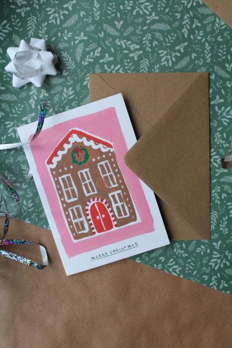 Gingerbread Christmas Cards Handmade, Noel Cards Handmade, Christmas Card House, Gingerbread House Christmas Card, Gingerbread Christmas Card, Gouache Christmas Card, Handmade Christmas Cards Ideas Creative, Christmas Craft Cards, Paint Christmas Cards