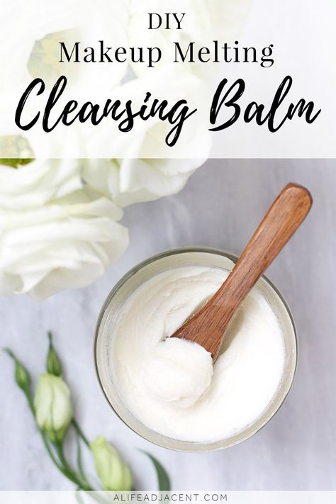 DIY Cleansing Balm. There’s no need to pay for expensive store bought cleansing balms! Learn to make a simple, makeup-melting DIY cleansing balm with only 2 natural ingredients. This homemade creamy cleanser dissolves makeup, and oil effortlessly. Leaves skin soft & moisturized. #alifeadjacent #diybeauty #diyskincare Diy Makeup Cleansing Balm, Face Cleansing Balm Recipe, Homemade Cleansing Balm, Diy Makeup Remover Balm, Diy Body Care Beauty Hacks, Homemade Cleanser For Face, Cleansing Balm Recipe, Diy Cleansing Balm, Creamy Cleanser