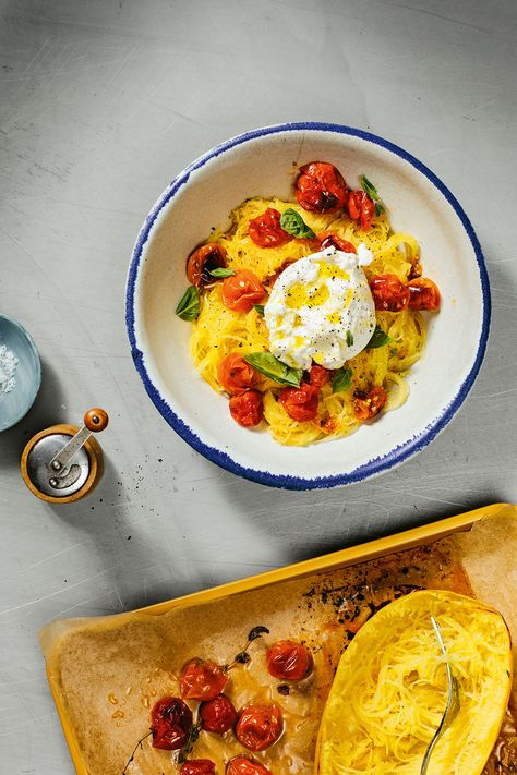 One Pan Spaghetti Squash with Tomatoes and Burrata | Penguin Random House Canada Spaghetti Squash With Brie, Squash And Burrata, Burrata Spaghetti Squash, Spaghetti Squash With Feta And Tomatoes, One Pan Spaghetti, Tomatoes And Burrata, One Pot Spaghetti, Burrata Cheese, Spaghetti Squash Recipes