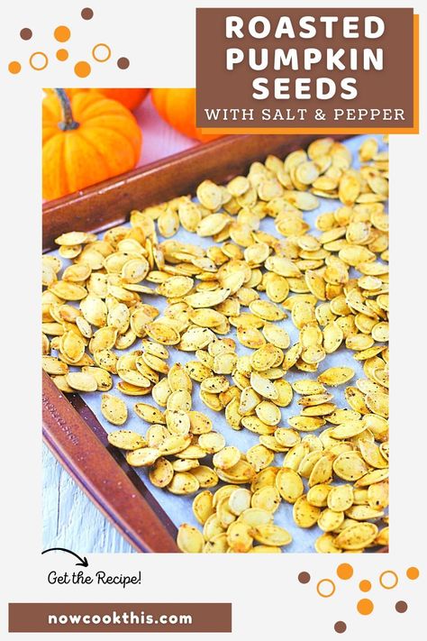 This easy recipe will show you how to roast pumpkin seeds in the oven and season them simply with salt and pepper. It's a crunchy, tasty and healthy fall snack that'll have you reaching for more. So don't throw those seeds out when making your next jack-o'-lantern! Get the recipe and give this yummy treat a try! How To Cook Pumpkin Seeds In Oven, Salt And Pepper Pumpkin Seeds, How To Make Pumpkin Seeds In The Oven, How To Roast Pumpkin Seeds In The Oven, Roasting Pumpkin Seeds Oven, Pumpkin Seed Recipes Salted, Pumpkin Seed Recipes Baked, Oven Roasted Pumpkin Seeds, Pumpkin Seed Recipes Roasted