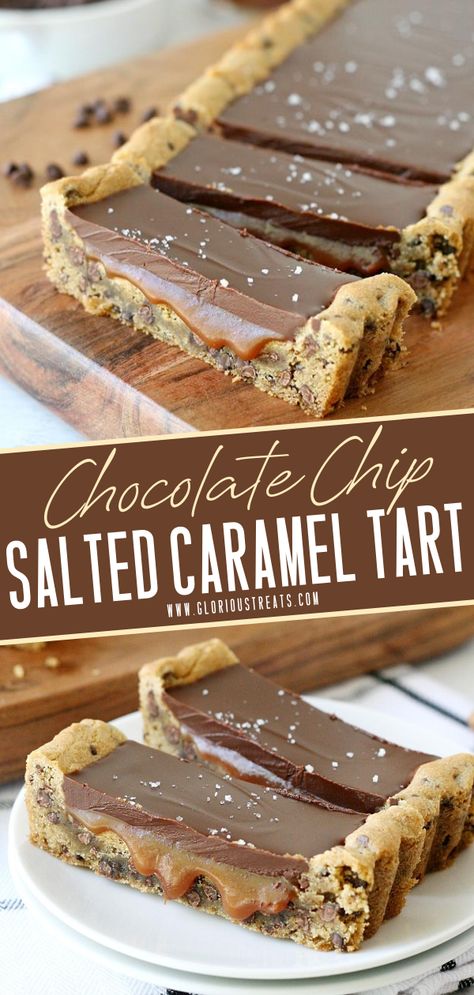 Fun Homemade Desserts, Salted Caramel Chocolate Dessert, Chocolate Chip Tart, Desserts With Chocolate And Caramel, Recipes With Salted Caramel Chips, Fun Desserts For A Party, Baking Recipes Caramel, Fall Dessert Bar Recipes, Chocolate Chip Cookie Desserts Ideas