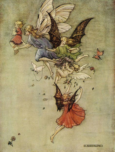 Ernest Aris (1882–1963) - "Thistledown elves" Fairy Artwork Vintage, Classic Fairy Art, The Castle In The Sky, Antique Fairy Illustrations, Vintage Fairytale Art Flower Fairies, Fairies Flying, Fairy Girls, Vintage Fairy Postcards, Fairy Illustration