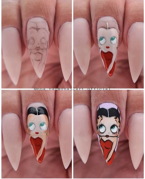 Betty Boop Nail Art Step By Step, Nails Characters Art Designs, Cartoon Art Nail Art, Character Art Nails, Nail Cartoon Art, Cartoon Nails Disney, Character Nail Art Step By Step, Betty Boop Nail Art, Cartoon Art Nails