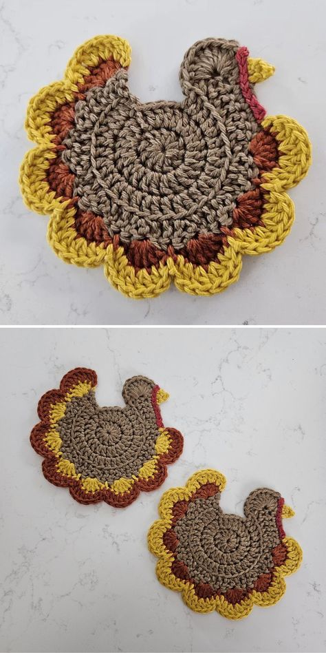 Three crochet turkey-shaped coasters with brown bodies and yellow and orange edges on a white surface. Crochet Turkey Applique, Crochet Turkey Potholder Pattern, Crochet Bird Coaster, Crochet Cornucopia, Crochet Coaster Free Pattern, Thanksgiving Turkey Decor, Crochet Turkey, Thanksgiving Crochet, Yarns Ornaments