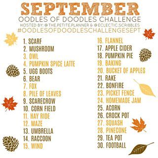 September Oodles of Doodles Prompt List 🍁🍄🍂 • Ready or not, here comes Fall! Will you be joining us this September? I’m going to try to post a brief video to my story each morning of my doodles for this challenge to hold myself accountable (we shall see how that goes 😬🤷🏼‍♀️) • To Participate: • Each day doodle to the corresponding prompt. Then share your doodles on Instagram and use the hashtag #oodlesofdoodleschallengesept and tag me @the.petite.planner and @eclectic.scribbles. And most i Prompts Art, Oodles Of Doodles, September Art, 30 Day Art Challenge, September Challenge, 30 Day Drawing Challenge, Fall Drawings, Prompt List, Journal Challenge