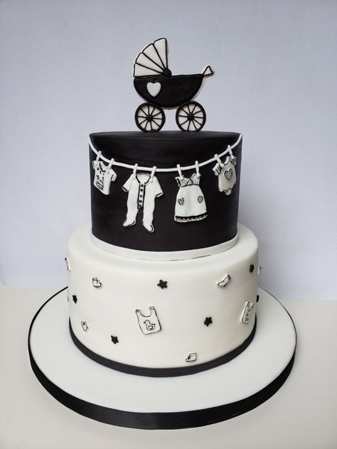 White Baby Shower Cake, Baby Cam, Gothic Baby, Halloween Baby Shower Theme, Baby Shower Cakes For Boys, White Baby Showers, Gender Reveal Cake, Fondant Decorations, Black And White Baby