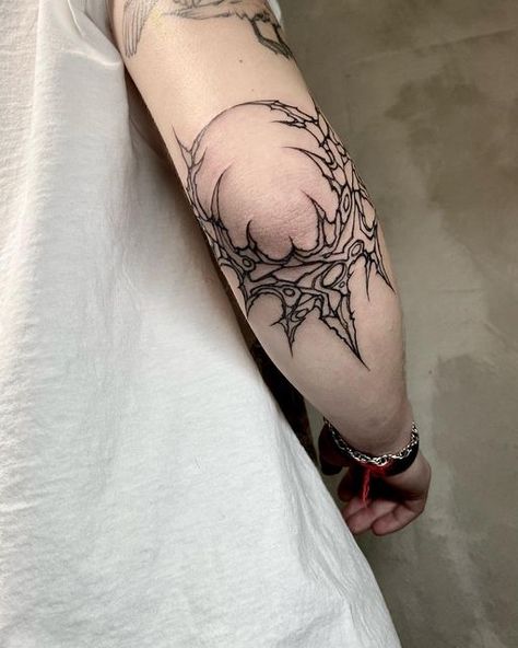 Elbow Dragon Tattoo, Neo Tribalism Tattoo Hand, Gothic Elbow Tattoo, Dark Elbow Tattoo, Neo Tribalism Tattoo Design, Men Cybersigilism Tattoo, Front Of Forearm Tattoo, Gothic Tribalism Tattoo, Neo Sigilism Tattoo