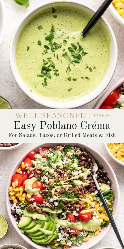 My homemade Poblano Crema is a delicious blend of smoky, creamy goodness that adds a burst of flavor to any dish. Whether you're dolloping it on tacos, drizzling it over enchiladas, or using it as a dip for chips, this Poblano Crema is sure to elevate any TexMex meal. #wellseasonedstudio #poblanocrema #mexicancrema #poblanocreamsauce Salsa Recipe For Tacos, Poblano Crema, Dip For Chips, Poblano Sauce, Crema Recipe, Creamy Salad Dressing, Stuffed Poblano Peppers, Lunch Salads, Seasoning Recipes