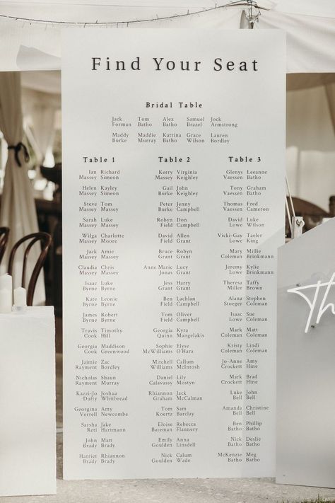 wedding reception white table seating chart with black vinyl and acrylic lettering Table Numbers For Long Tables, Kings Table Seating Chart, 3 Table Seating Chart, Wedding Seating Chart 25 Tables, Long Wedding Table Seating Chart, Table Finder Wedding, Seating Plan For Long Tables, Wedding Seating Chart For Long Tables, Long Table Seating Chart Wedding