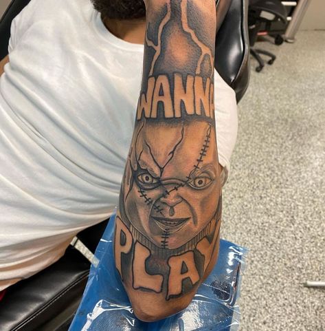 Chucky Tattoo, Arm Tattoos For Guys Forearm, Black Men Tattoos, Half Sleeve Tattoos Forearm, Hard Tattoos, Cool Half Sleeve Tattoos, Egyptian Tattoo Sleeve, Gangsta Tattoos, Men Tattoos Arm Sleeve