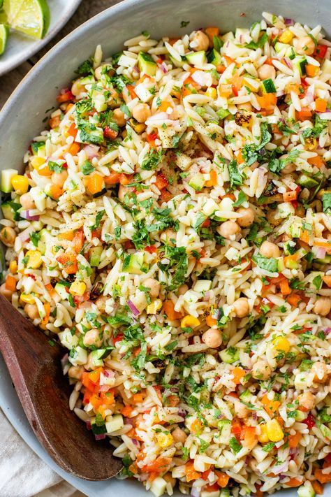 Summer Veggie Orzo Salad Roasted Veg Orzo Salad, Vegan Orzo Salad Recipes, Veggie Orzo Salad, Vegetable Orzo Salad, Grilled Veggie Orzo Salad, Wfpb Salad, Cold Summer Salads Orzo, Veggie Orzo, Chipotle Dressing