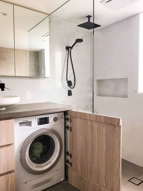 Washing Machine In The Bathroom Ideas, Washing Machine In Small Apartment, Washing Machine Cupboard Cabinets, Kitchen Cabinet With Washing Machine, Tiny Bathroom Washing Machine, Laundry Machine In Bathroom, Small Bathroom Ideas With Washing Machine, Wash Machine Cabinet, Washing Machine In Cupboard