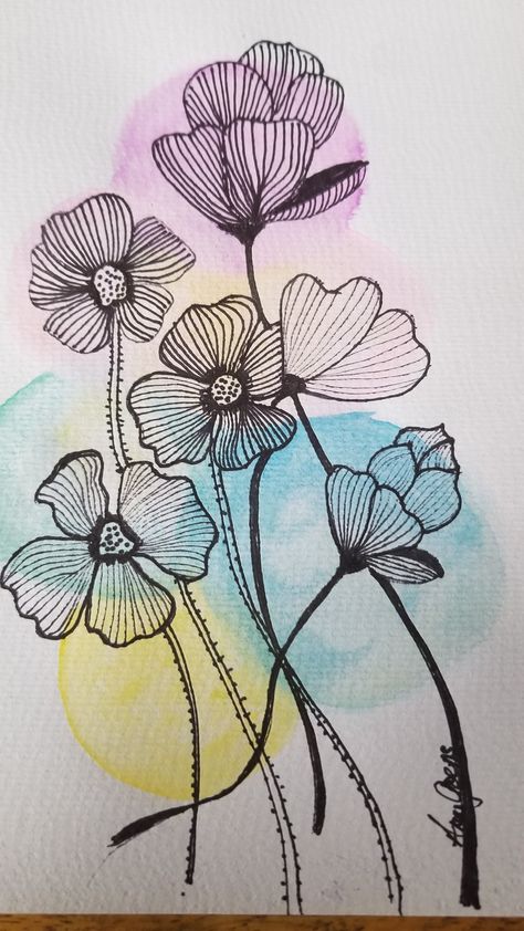 Watercolor Flowers With Pen Outline, Ink And Watercolor Art Ideas, Watercolor Ink, Poppy Flower Drawing, Brush Pen Art, Watercolor Pencil Art, Poppy Drawing, Boho Painting, Black Paper Drawing