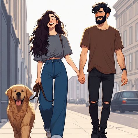 Couple With Dog Illustration, Couple With Dog Drawing, Service Dog Art, Couple With Dog Aesthetic, Aesthetic Couple Drawings, Happy Couple Illustration, Digital Illustration Couple, Couple With A Dog, Go Beyond Plus Ultra