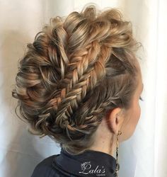 triple braided mohawk #AvedaIBW #skhair Elegant Faux Hawk Updo, Funky Updos For Medium Length Hair, Viking Updo, Edgy Wedding Hair, Braided Wedding Updo, Grad Hair, Braided Mohawk Hairstyles, Dance Hair, Wedding Hairstyles For Medium Hair