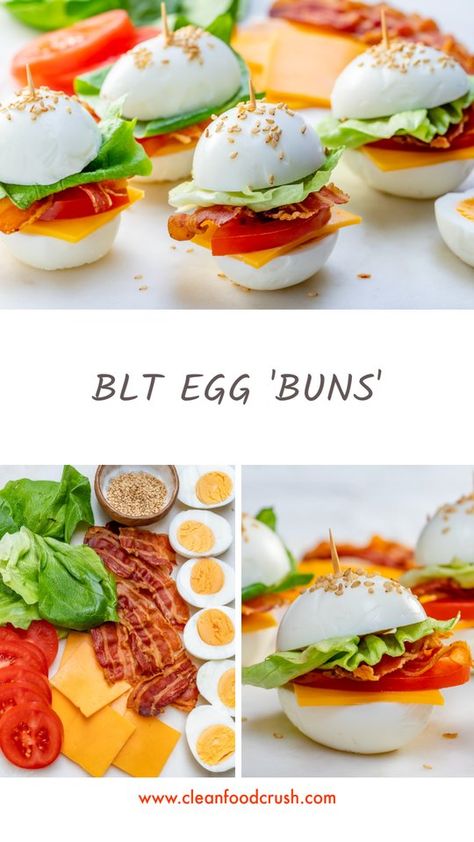 These BLT Egg 'Buns' are the Perfect Protein Breakfast or Snack! | Clean Food Crush Egg Snack Ideas, Breakfast Eggs Ideas, Health Snack Ideas, Clean Food Breakfast, Egg Blt, Clean Snacks, Food Health Benefits, Egg Sandwich, Clean Eating Breakfast