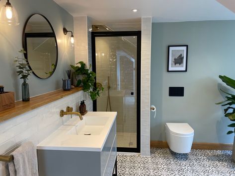 #bathroom #ensuite #farrowandball #mizzle #lussostone #brasstaps Mizzle Bathroom, Bathroom Ensuite, Framed Bathroom Mirror, Bathroom Mirror, Mirror, Furniture, Home Decor, Home Décor