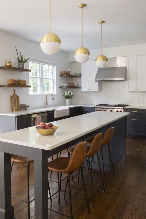 The Best Kitchen Island with Seating Ideas - Decoholic Long Narrow Kitchen Island, Narrow Kitchen Island With Seating, Long Kitchen Ideas, Narrow Island, Long Narrow Kitchen, Narrow Kitchen Island, Dark Cabinets Light Floor, Long Kitchen, Purple Kitchen