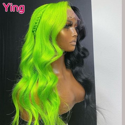 Frontal Ideas, Half Colored Hair, Half And Half Hair, Green Wig, 613 Blonde, Human Wigs, Frontal Wig, Green Lace, Lace Wig