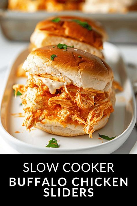 Buffalo Chicken Sliders are an easy game day sandwich! They take just 5 ingredients and 5 minutes before letting your crock pot do the work. Copycat Drink Recipes, Slow Cooker Buffalo Chicken, Tender Shredded Chicken, Shredded Buffalo Chicken, Campbells Soup Recipes, Buffalo Chicken Sliders, Healthy Egg Recipes, Spicy Buffalo Chicken, Mini Sliders